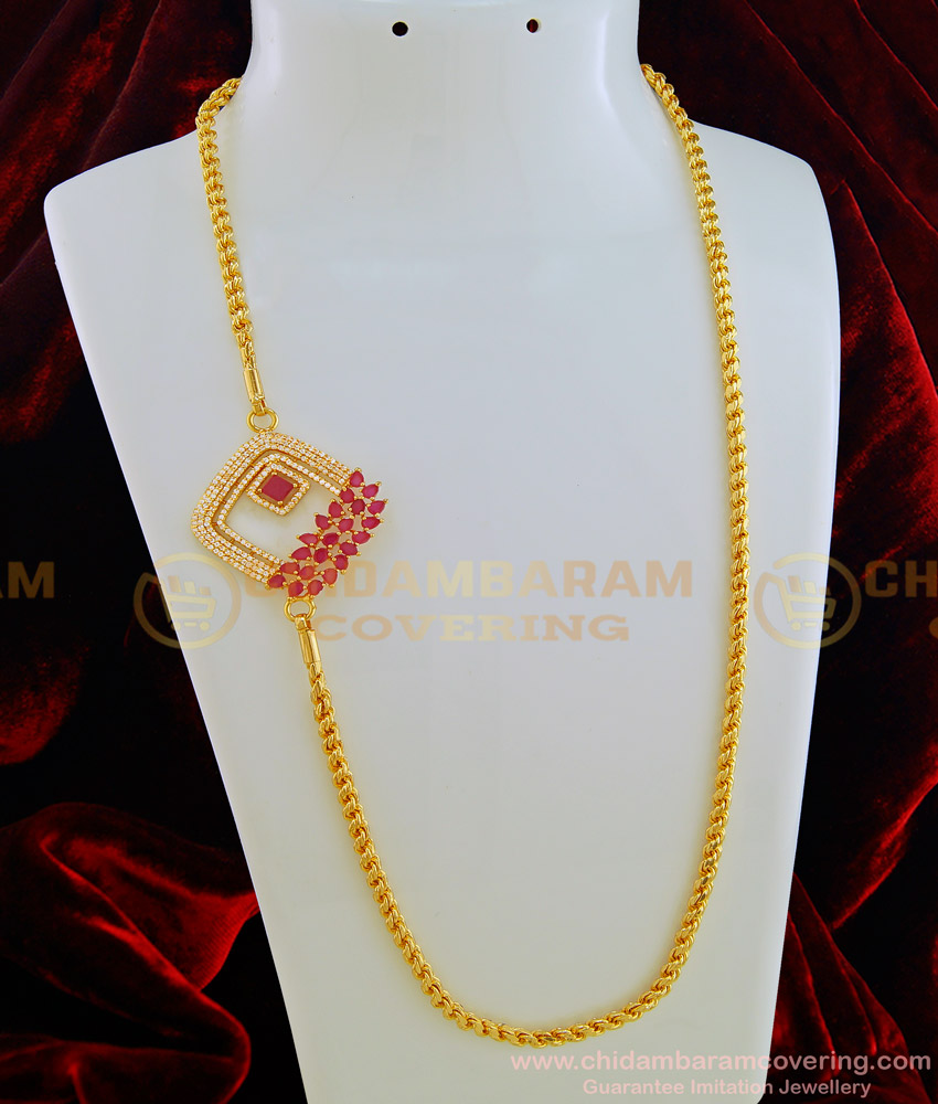 MCHN309 - New Fashion American Diamond Ruby Stone Gold Plated Designer Mugappu Chain Online