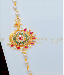 MCHN329 - South Indian Fashion Jewelry Gold Plated Stone Peacock Design Pearl Mugappu Chain Buy Online 