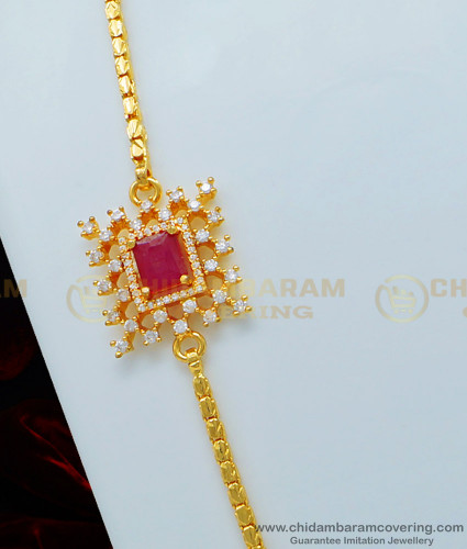 MCHN342 - 1 Gram Gold White and Ruby Stone Square Shape Mugappu with Box Chain Indian Jewelry Online   