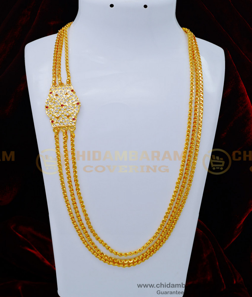 MCHN378 - South Indian Impon Three Line Chain with Stone Mugappu Chain 