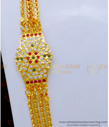 MCHN463 - Beautiful Gold Design Impon Multi Stone Flower Mugappu With 4 Line Chain 