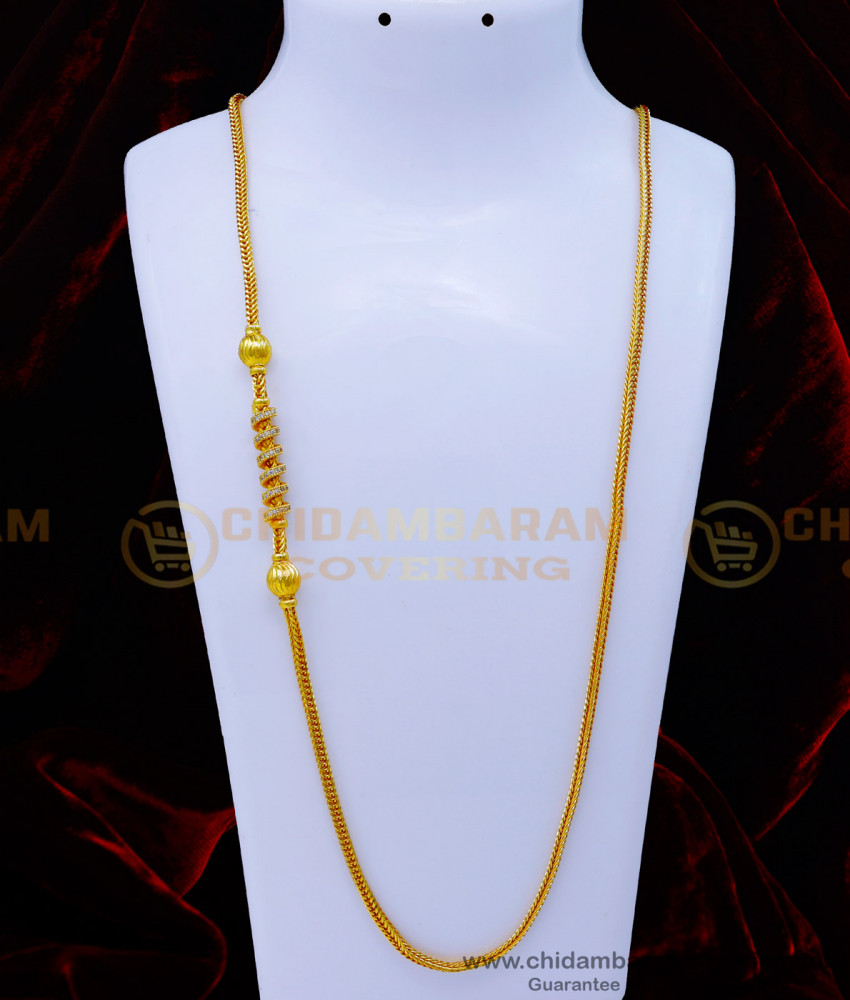 30 Inches Long Gold Model White Stone Mugappu Chain for Women
