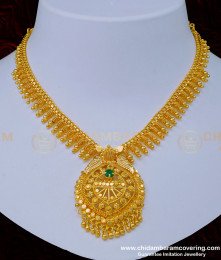 NLC1005 - Gold Design Single Emerald Stone One Gram Gold Necklace for Wedding
