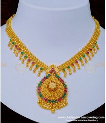 NLC1007 - Attractive Ruby Emerald Stone Gold Plated Bridal Stone Necklace Designs for Wedding