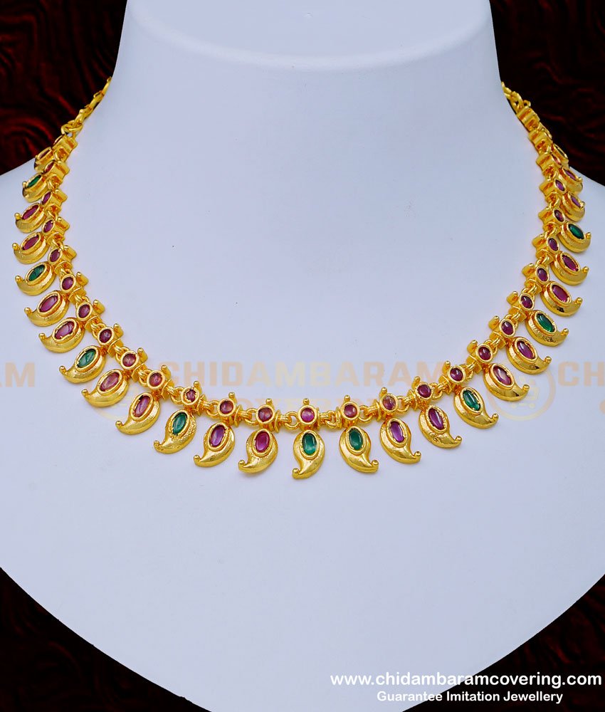 NLC1017 - Latest High Quality Gold Plated Ruby Emerald Mango Design Necklace Online