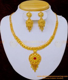 NLC1032 - Gold Design Ruby Stone Forming Gold Earrings with Necklace Set Imitation Jewellery