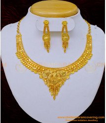 NLC1034 - Real Gold Pattern 1 Gram Forming Gold Earring with Plain Necklace Set