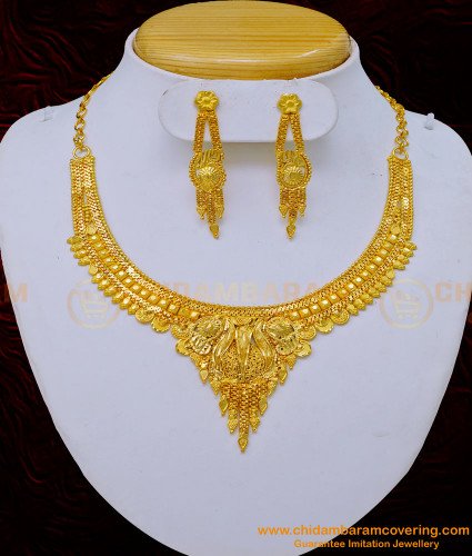 NLC1034 - Real Gold Pattern 1 Gram Forming Gold Earring with Plain Necklace Set