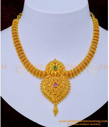 NLC1043 - 1 Gram Gold Net Pattern Ruby Emerald Stone Necklace for Wedding
