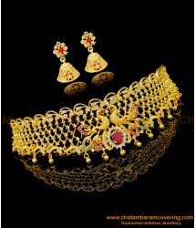 NLC1051 - 1 Gram Gold Bridal Wear American Diamond Stone Choker Necklace Set