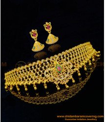 NLC1052 - Wedding Choker Necklace Set Peacock Design Ad Stone Necklace with Jhumkas Online