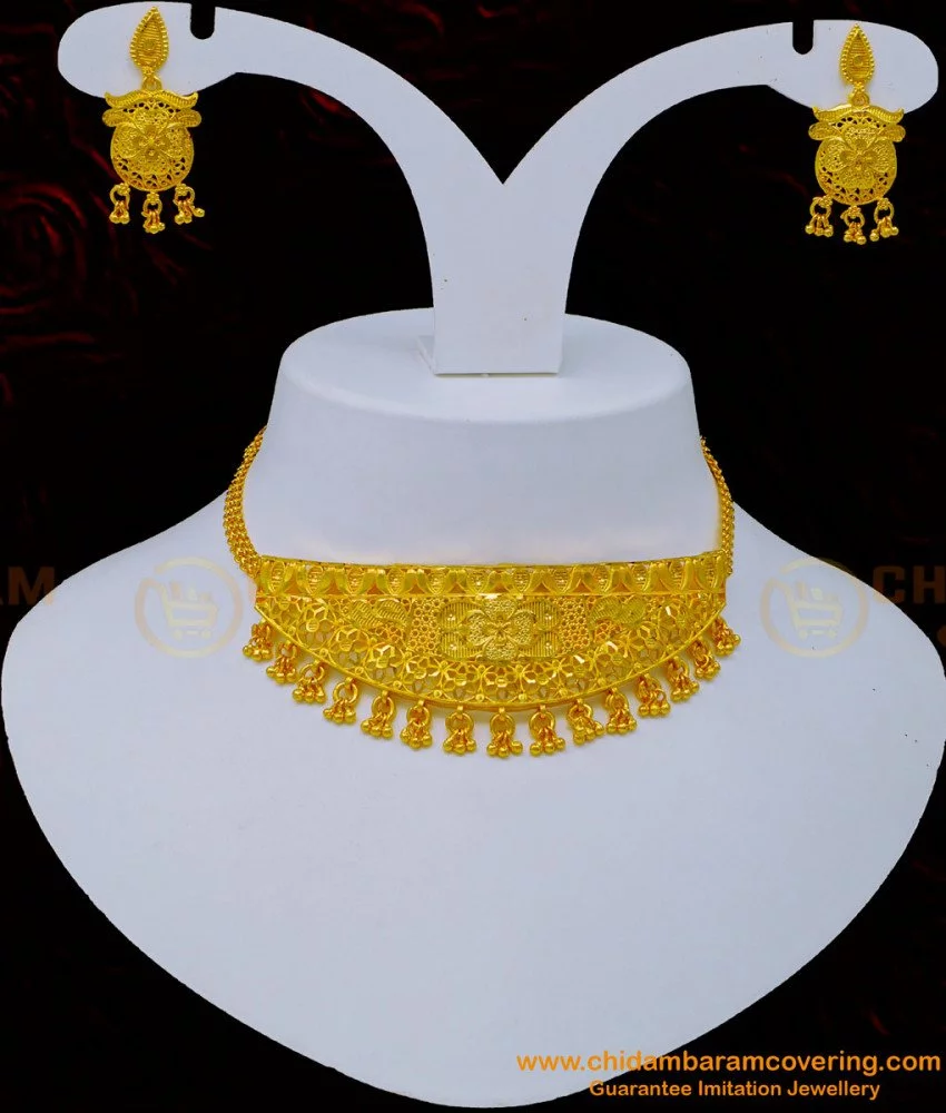 nlc1054 beautiful bridal wear light weight gold forming mini choker necklace set online 1