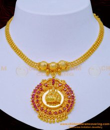 NLC1072 - Latest Collection Ruby Stone Lakshmi Dollar Gold Covering Necklace Design Online