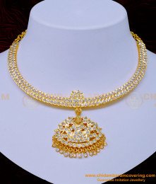 NLC1076 - Impon First Quality One Gram Gold Lakshmi Dollar White Stone Attigai Necklace Online
