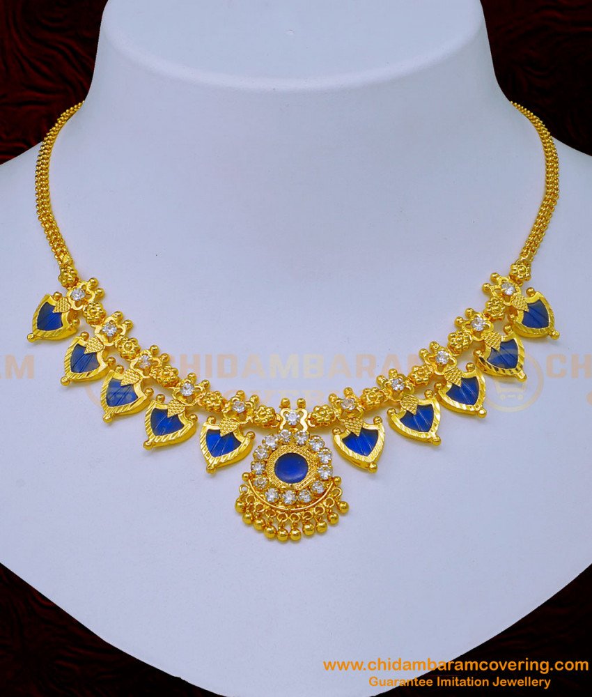 blue palakka mala, red palakka mala, palakka mala gold 1 pavan, palakka mala design, white stone necklace design, palakka mala, palakka necklace gold plated