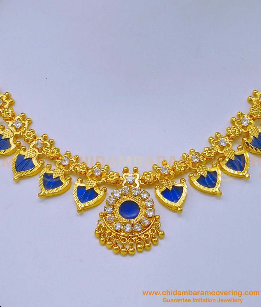 blue palakka mala, red palakka mala, palakka mala gold 1 pavan, palakka mala design, white stone necklace design, palakka mala, palakka necklace gold plated