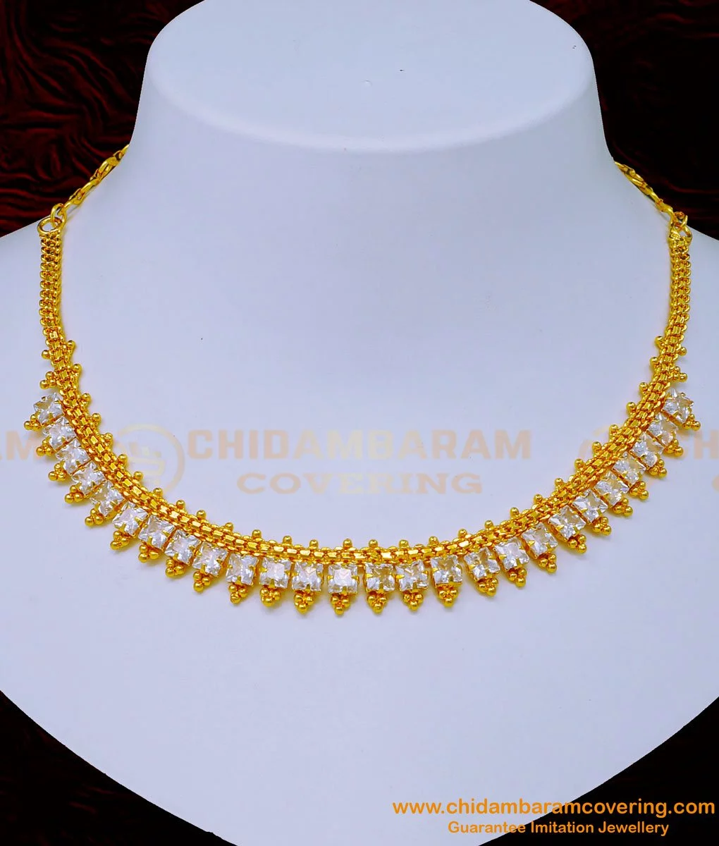 Buy American Diamond Single Line White Stone Necklace Gold Design ...