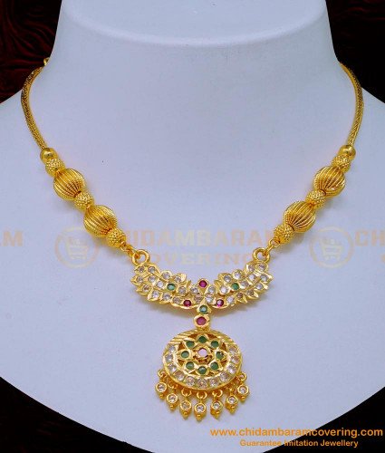 NLC1118 - New Model Impon Necklace White and Ruby Stone Attigai Buy Online