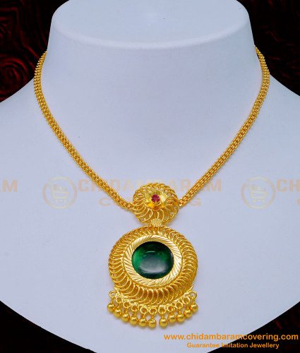 NLC1133 - Kerala Traditional Jewellery Pink Stone Simple Green Palakka Locket Necklace 