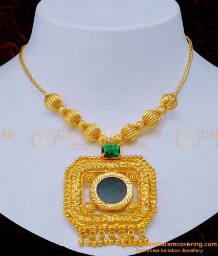 NLC1141 - Beautiful Emerald Stone Green Palakka Necklace Gold Plated Palakka Mala Online 
