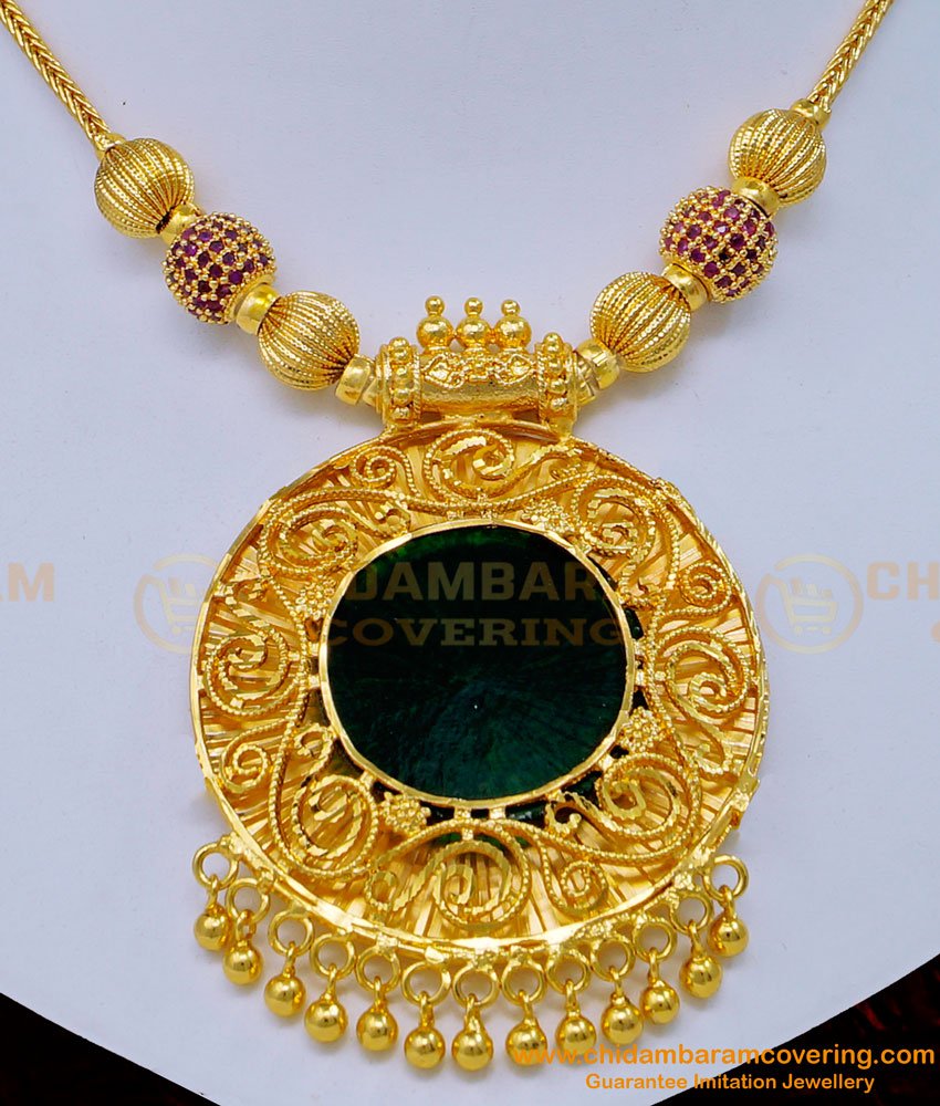 green palakka, palakka mala, palakka necklace, one gram gold palakka necklace, gold plated palakka necklace, kerala jewellery, 
