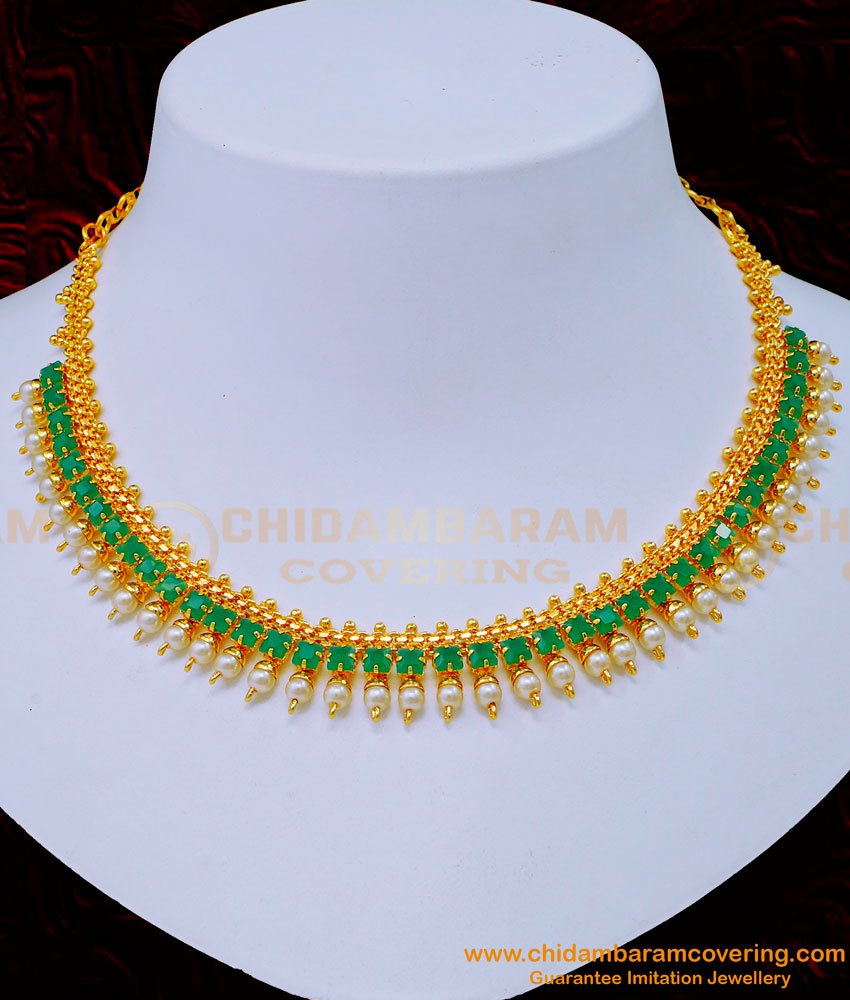 Modern Pearl with Emerald Stone Necklace Designs for Wedding