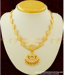 NLC256 - Impon Full White Ad Stone Flower Design Bridal Attigai Necklace Thick Metal Jewellery Online