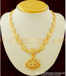 NLC257 - Bridal Wear Thick Metal Full White Stone Gold Design Impon Attigai Necklace for Wedding