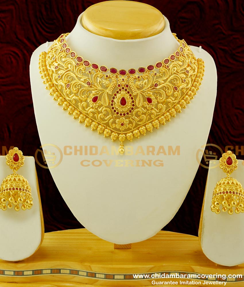 NLC260 - Bridal Wear Real Gold Style Ruby Stone Choker Necklace with Jhumkas Set One Gram Gold Choker for Wedding