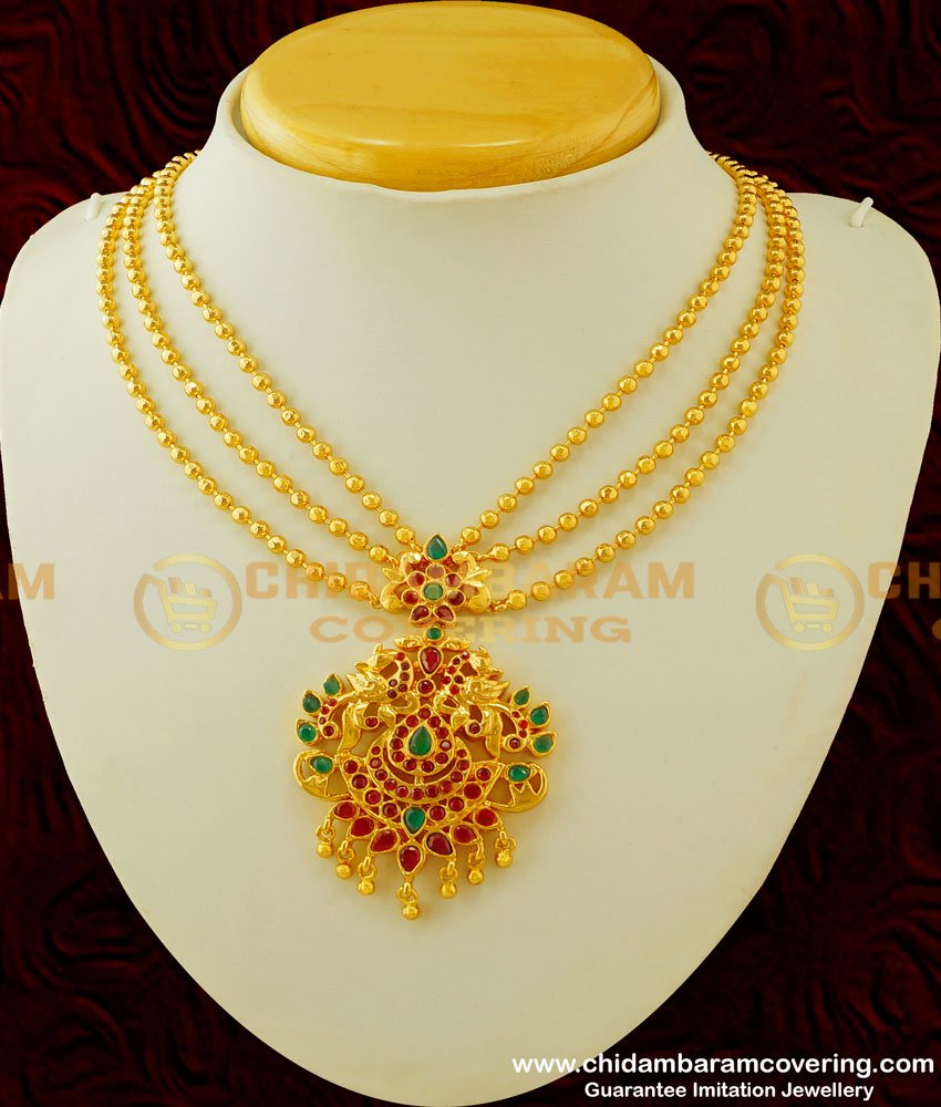 NLC307 - Gorgeous Three Layer Gold Necklace Design with Ruby Stone Peacock Design Pendant Necklace Online