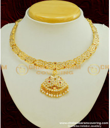 NLC374 - Getti Metal Gold Attigai Full Mango Design with Double Side Swan Stone Attigai Necklace