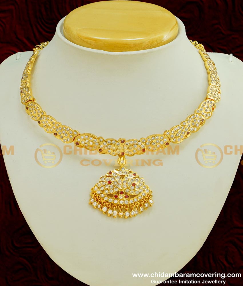 NLC374 - Getti Metal Gold Attigai Full Mango Design with Double Side Swan Stone Attigai Necklace