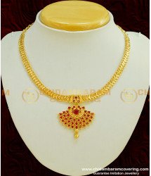 NLC376 - Latest Model Ruby Stone Dollar Attigai Necklace Handmade South Indian Imitation Jewellery 