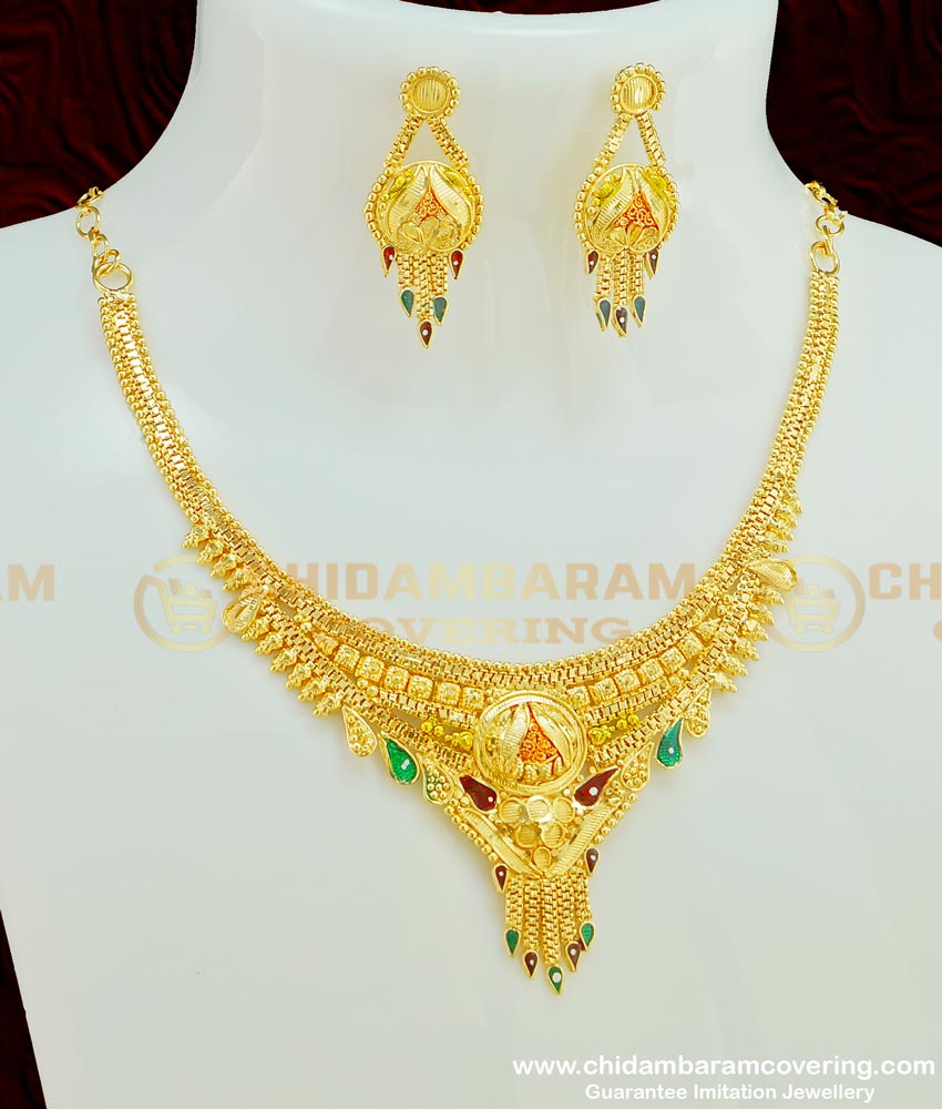 NLC378 - Buy Gold Forming Jewellery Bombay Necklace Design with Earring Artificial Jewellery