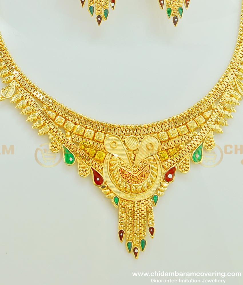 NLC380 - New Enamel Forming 2 Gram Gold Plated Necklace Design with Earring Combo Set Online