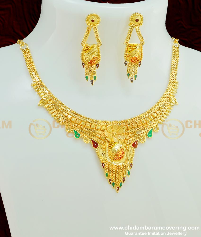 NLC382 - Traditional Bridal Calcutta Short Necklace with Earring Forming Gold Jewellery Online