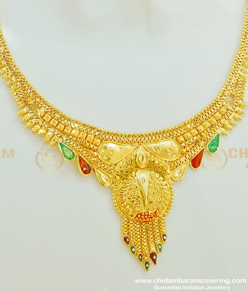NLC383 - Most Popular Light Weight Gold Design Bridal Short Necklace Set Forming Gold Jewellery 