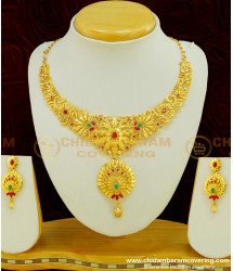 NLC389 - Exclusive Gold Forming Heavy Stone Grand Wedding Choker Type Necklace With Earring Bridal Combo Set Online 