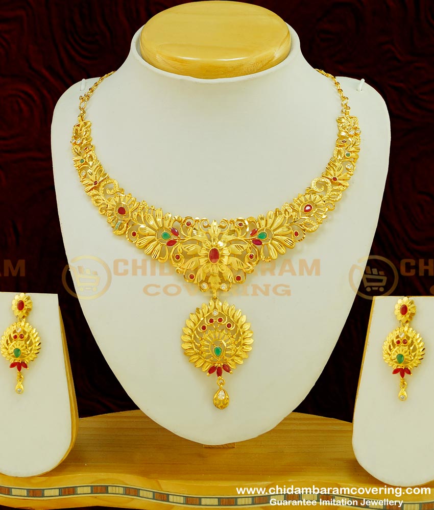NLC389 - Exclusive Gold Forming Heavy Stone Grand Wedding Choker Type Necklace With Earring Bridal Combo Set Online 