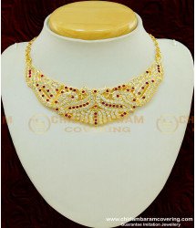 NLC400 - Attractive Impon Pink and White Stone Peacock Design Choker Necklace Imitation Jewellery Wedding Collection