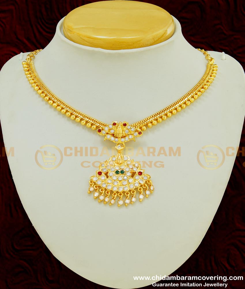 NLC404 - Real Gold Design Multi Stone Lakshmi Dollar with Golden Beads Chain Attigai Necklace Imitation Jewelry 