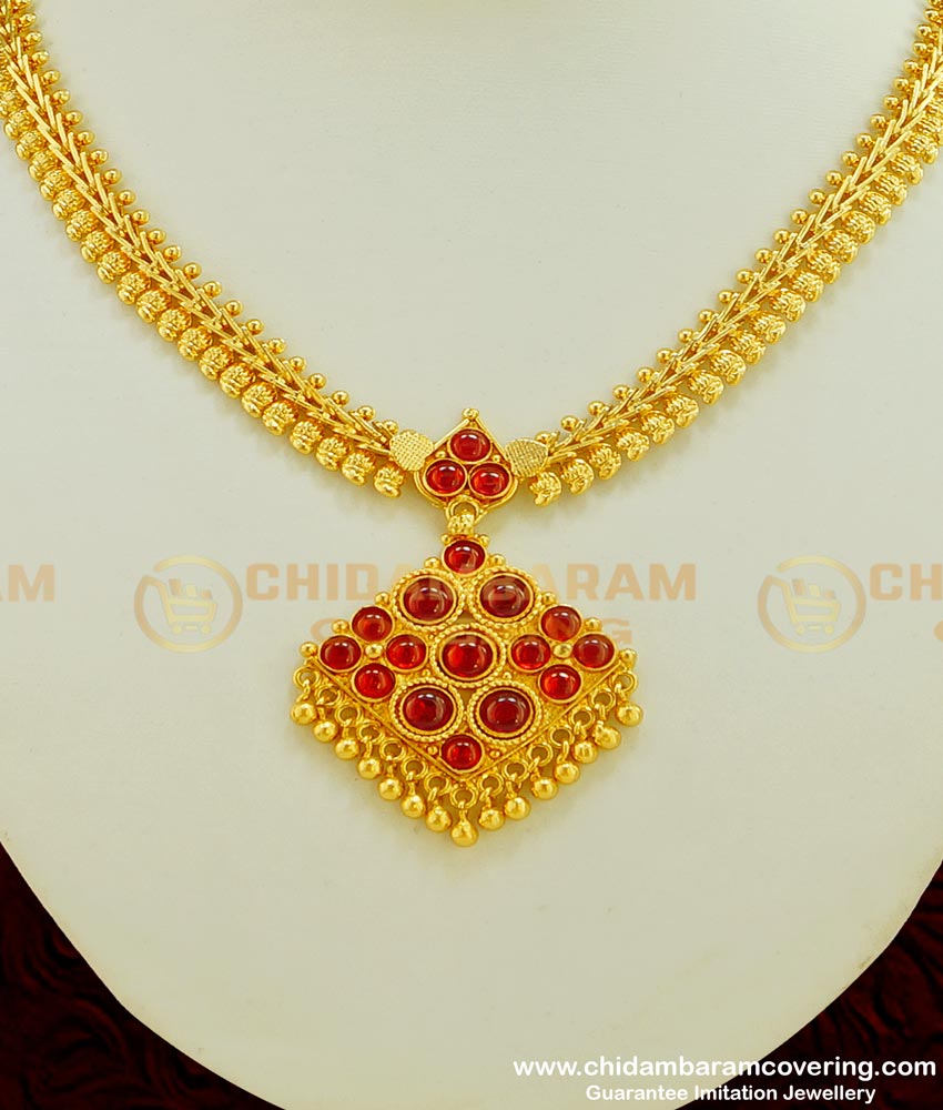 NLC410 - Latest Collection Impon Gold Finish Mango Design Ruby Stone Attigai Necklace Indian Bridal Jewellery