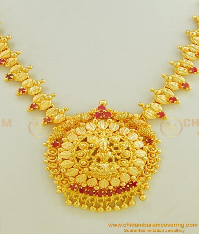 NLC415 - Traditional Lakshmi Design Ruby Stone Marriage Bridal Gold Necklace Design 