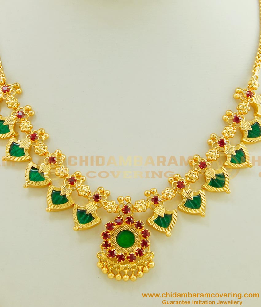 NLC419 - Kerala Wedding Jewellery Gold Design Beautiful 12 Green Palakka Mala Necklace 