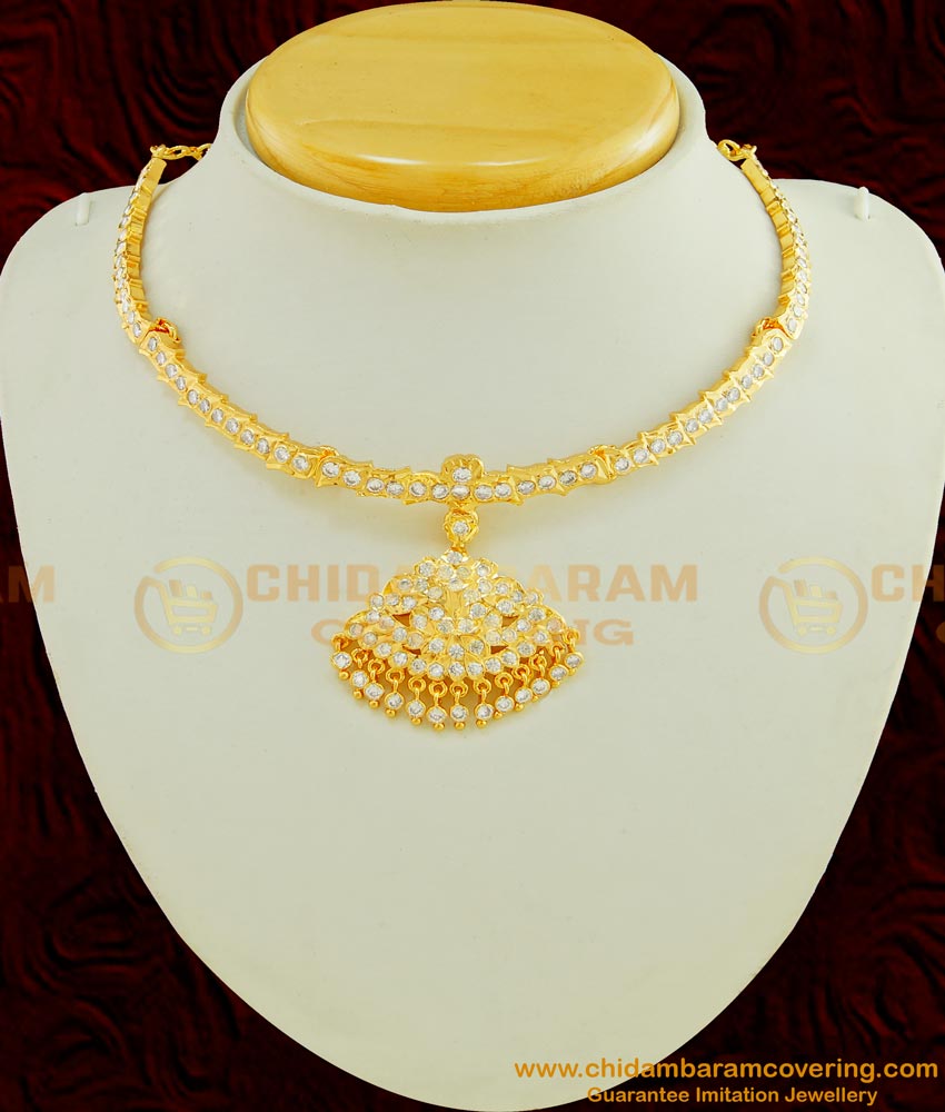 NLC430 - Latest Design Impon Full White Stone Real Gold Design Attigai Necklace for Wedding