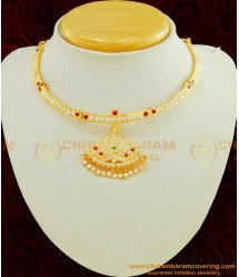 NLC431 - New Design First Quality Impon White And Ruby Stone Real Gold Design Attigai Necklace buy Online 