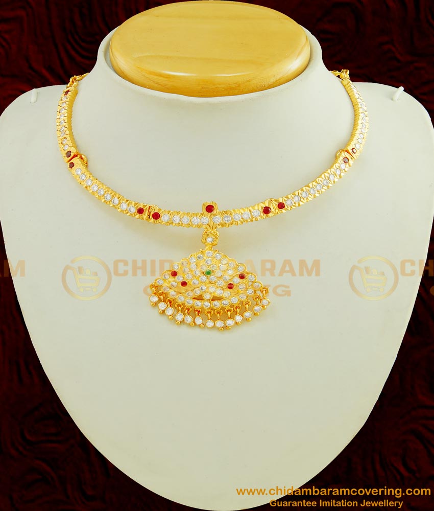 NLC431 - New Design First Quality Impon White And Ruby Stone Real Gold Design Attigai Necklace buy Online 