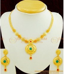 NLC432 - Latest Party Wear Gold Forming Jewellery Multi Colour Stone Work Necklace Set 