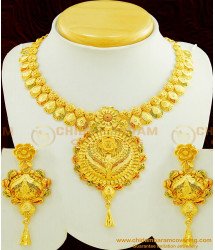 NLC435 - Grand Look Gold Forming Heavy Necklace with Earring Reception Jewellery Set For Bride 