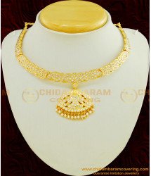 NLC450 - Impon Full White Stone Mango Design with Lakshmi Dollar Attigai Necklace Thick Metal Jewellery Online